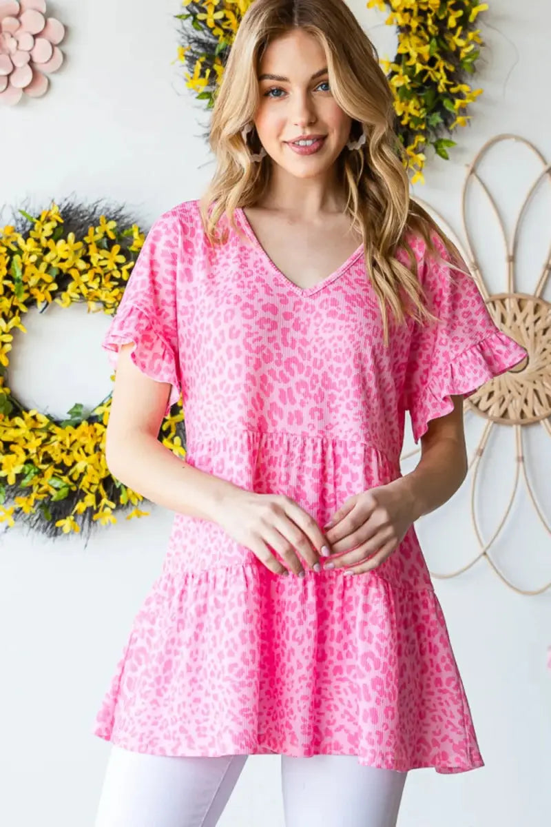 Heimish Full Size Leopard Ruffle Trim Short Sleeve Top - Love Salve